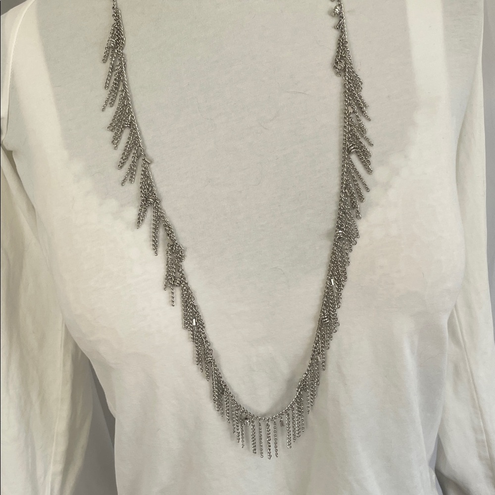 Silver Tone Fringe Layered Long Chain Necklace With Tiny Charms 18” at drop+ext